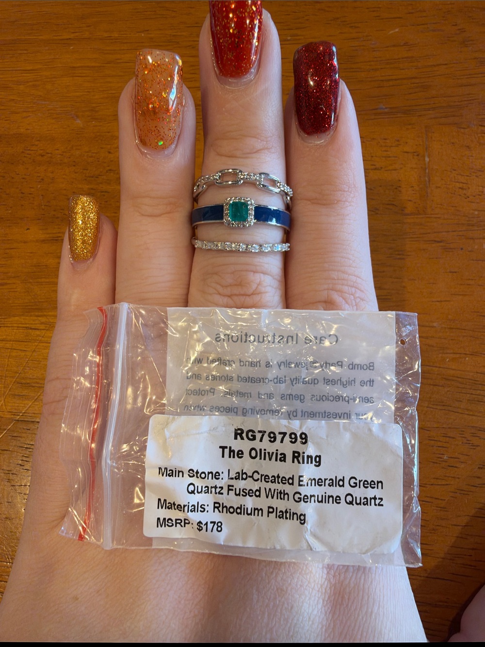 Olivia Ring — Lab-Created Emerald Green Quartz with Rhodium Plating